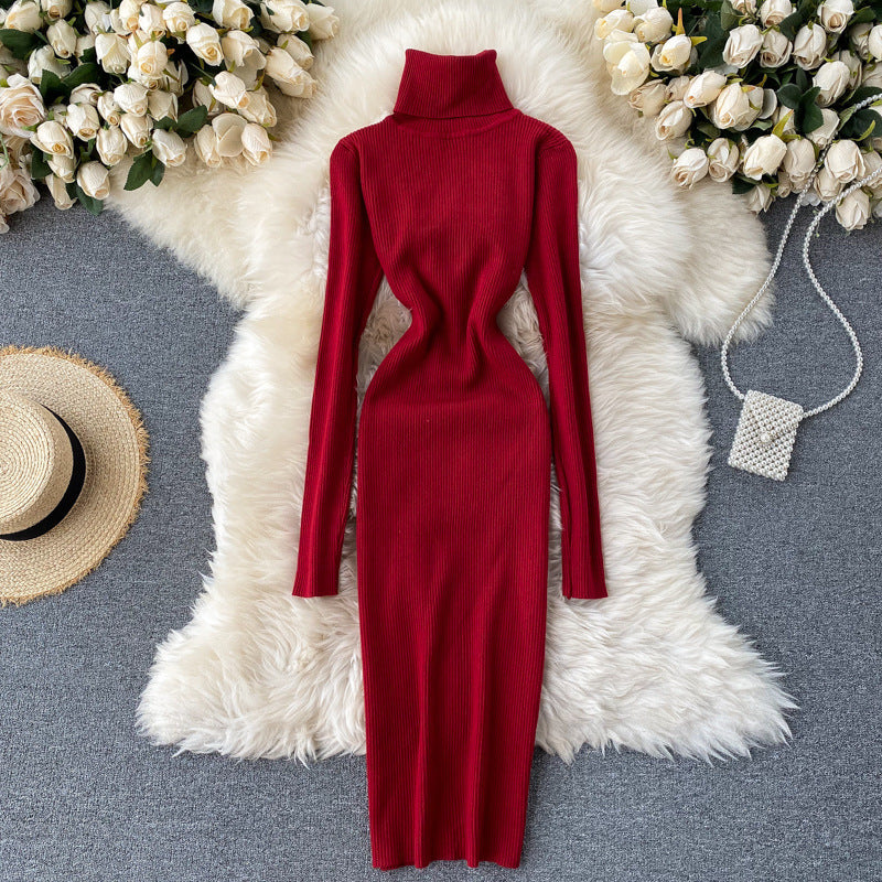 Simple Solid Color Temperament High Collar Slim Knitted Dress