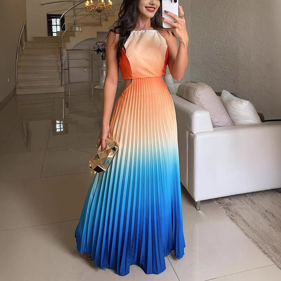 New European And American Sleeveless Pleated Backless Gradient Color Dress