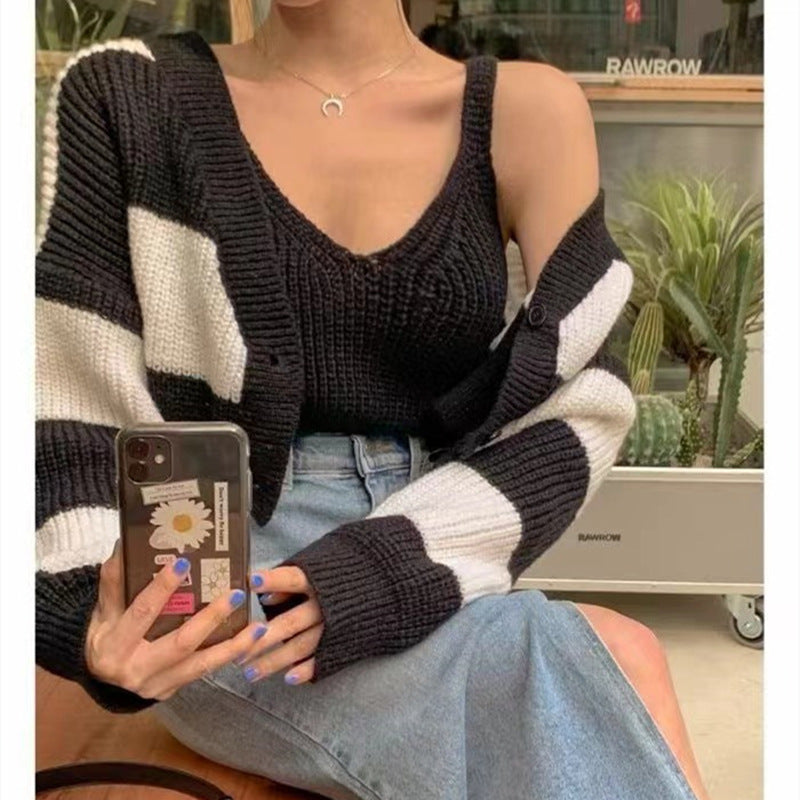 Women's Clothing Two-piece Set Sweater Striped Short Style Fashionable Knitted Suit