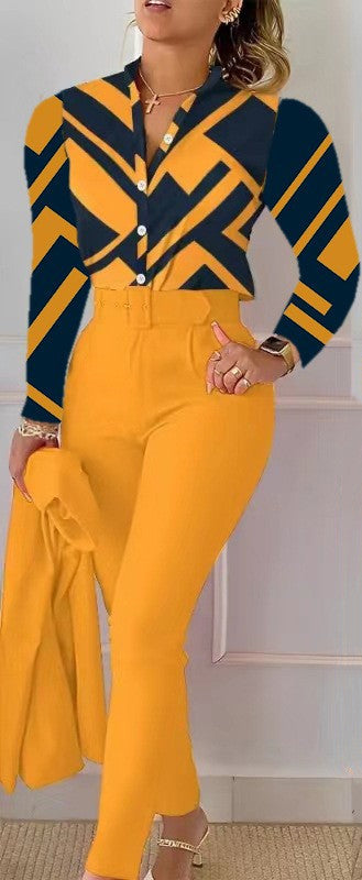 Printed Long-sleeved Top Solid Color Pants Suit With Belt