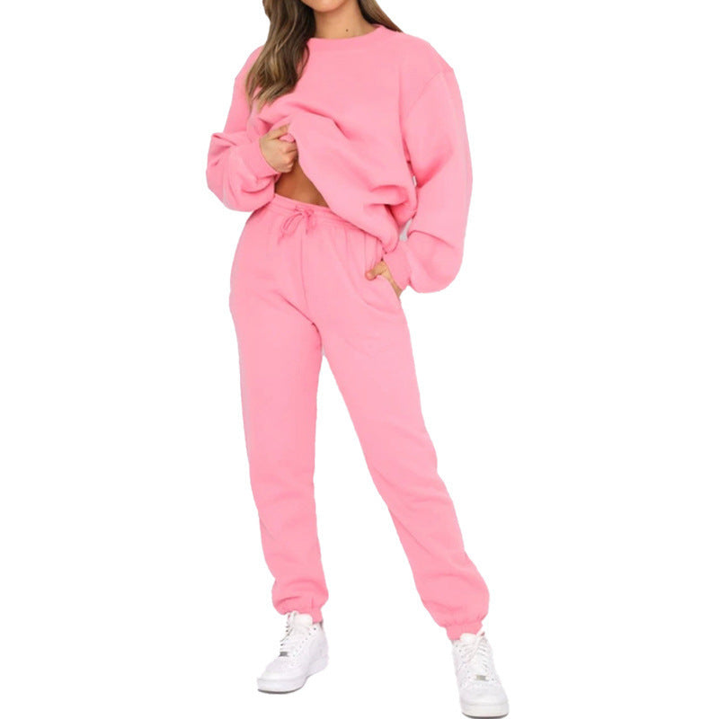 Crew Neck Pullover Sweatshirt Fleece-lined Fashion Casual Sweater Sweatpants Two-piece Set