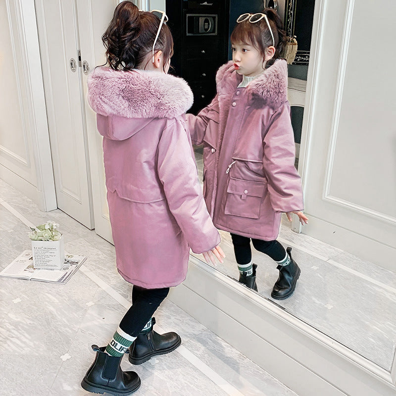 Girls' Fleece Lined Padded Warm Keeping Hooded Cotton-padded Coat