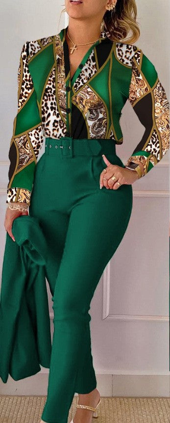 Printed Long-sleeved Top Solid Color Pants Suit With Belt