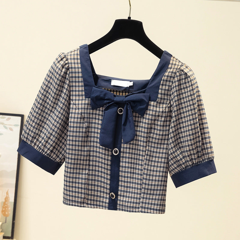 Large Size Women's Summer New Design Sense Niche Square Collar Short Puff Sleeve Top And Fat Sister Plaid Shirt