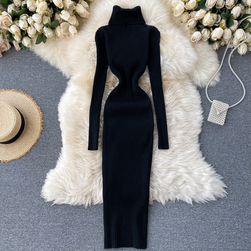 Simple Solid Color Temperament High Collar Slim Knitted Dress