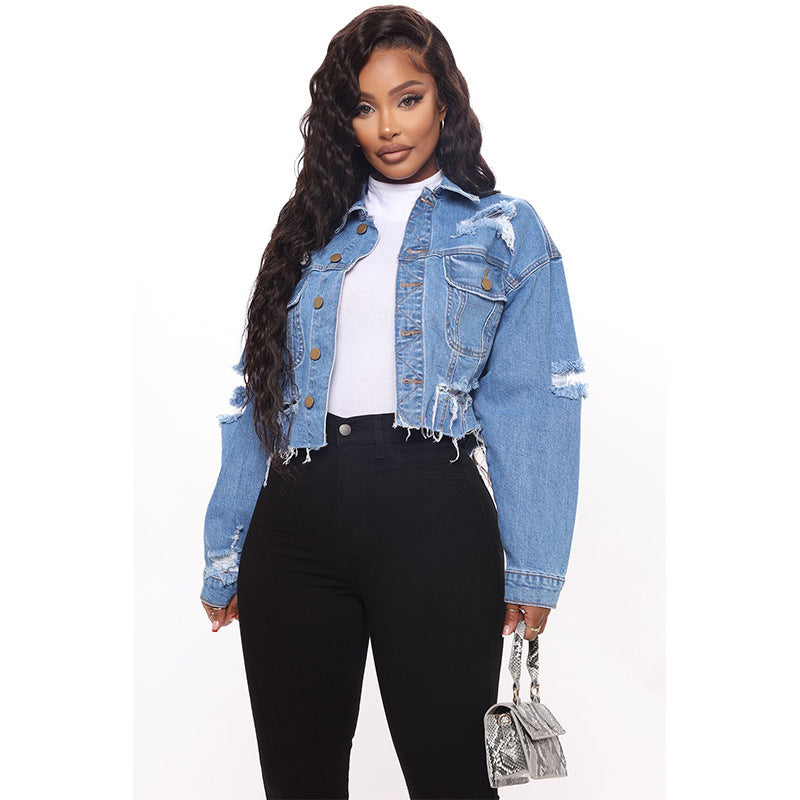 Ripped Denim Short Washed Long Sleeve Coat