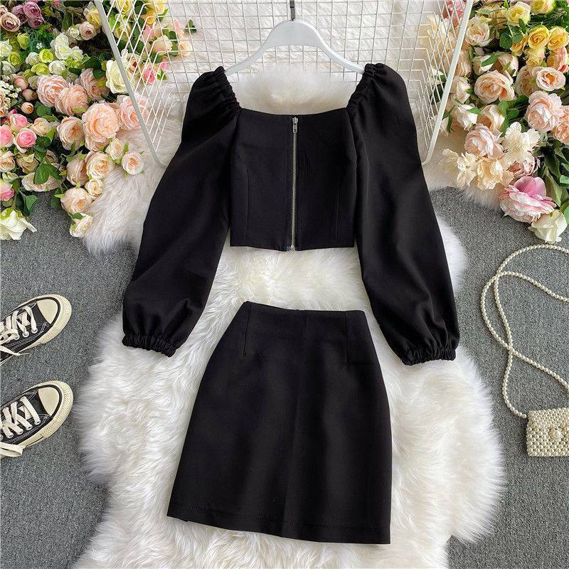 Contrast Color Cutout Knit Sweater Short Plaid Skirt
