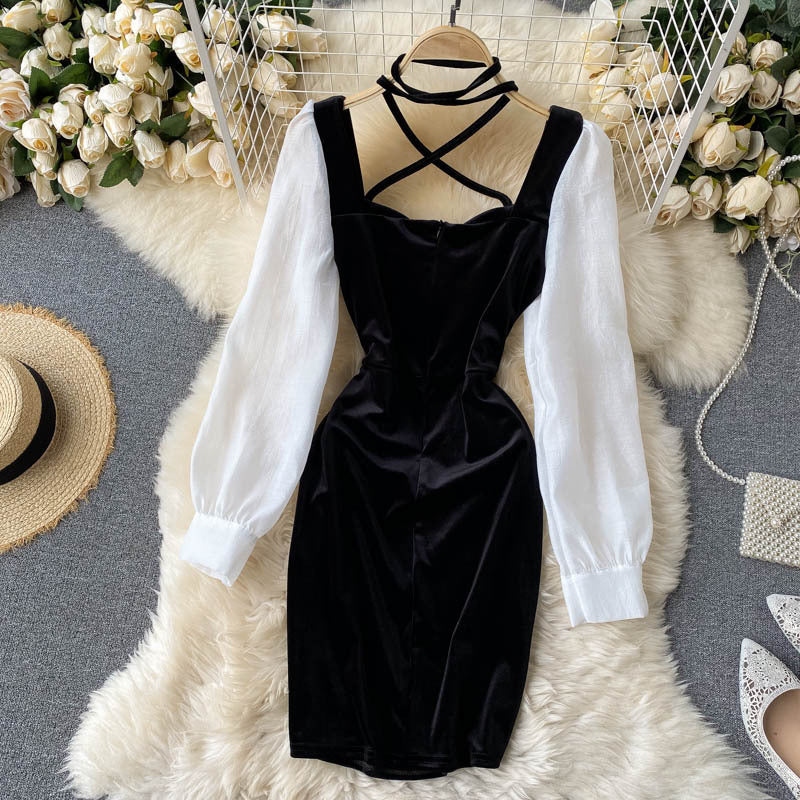 Puff Sleeves Contrast Stitching Scheming Hanging Neck Velvet Mini Dress
