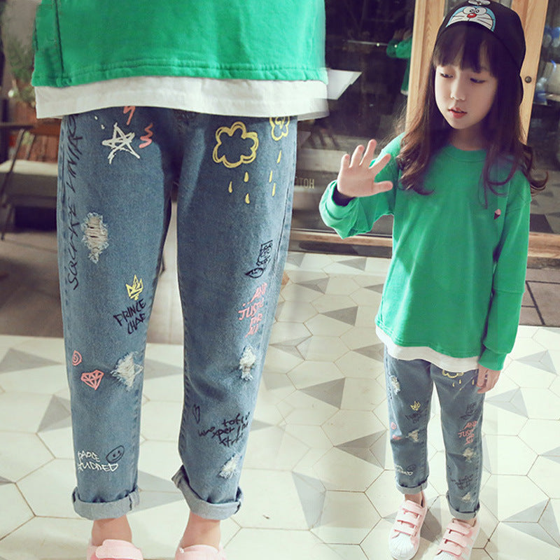 Children's Cartoon Cat Embroidery Washed Denim Trousers