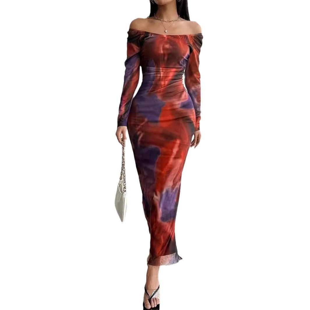 Printed Pleated Sexy Tight Split Square Collar Dress