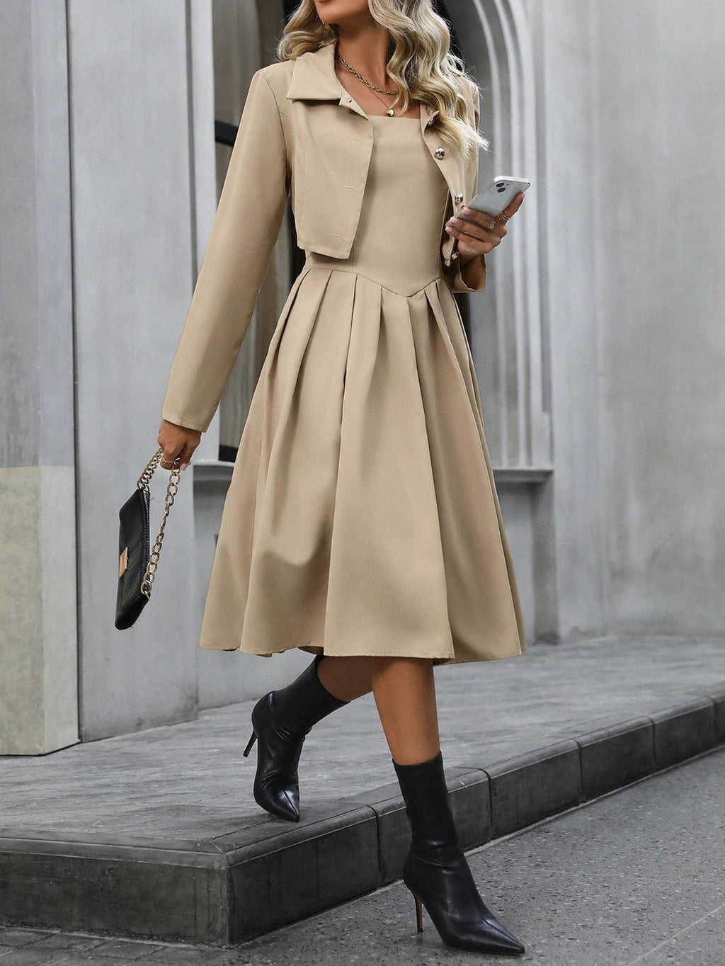Solid Color Front Button Up Shirt And Pleated Dress