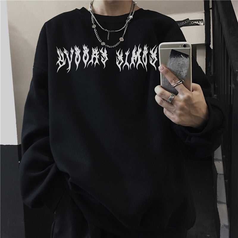 Dark Wings Alphabet Print Crew Neck Fleece Sweatshirt