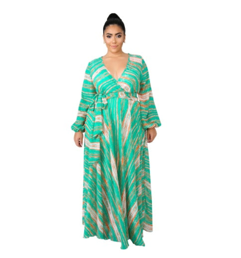 V-neck Long Sleeve Flower Beach Chiffon Dress