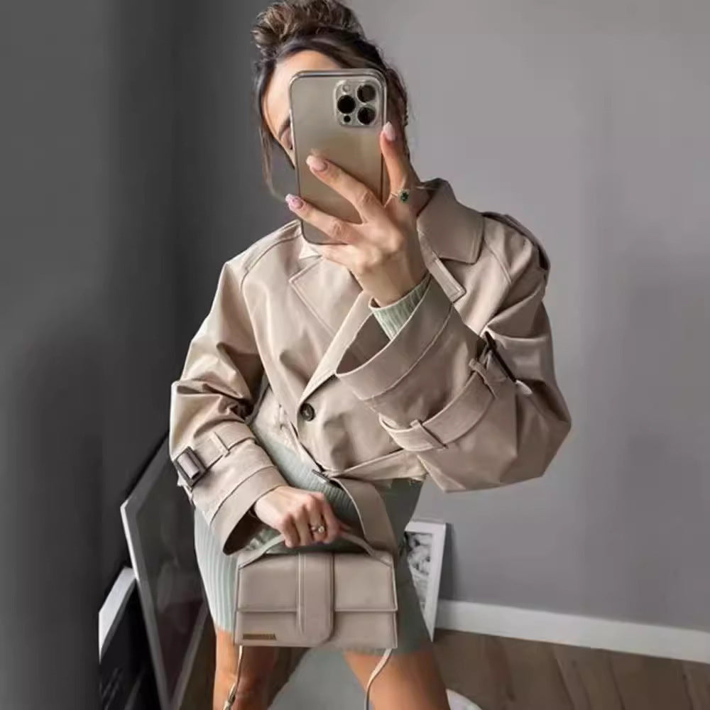 Long Sleeve Short Casual Solid Color Trench Coat
