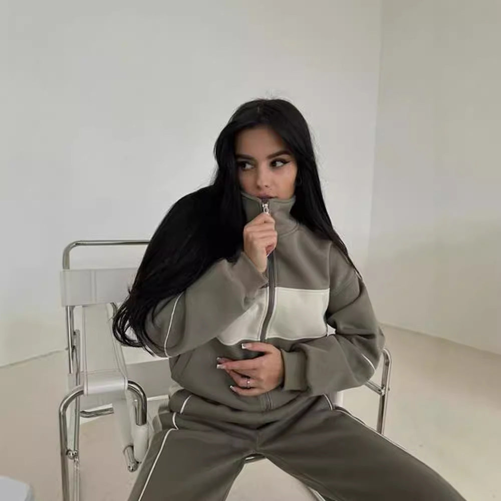 Women's Long-sleeved Contrast Color Sweatshirt Trousers Casual Suit