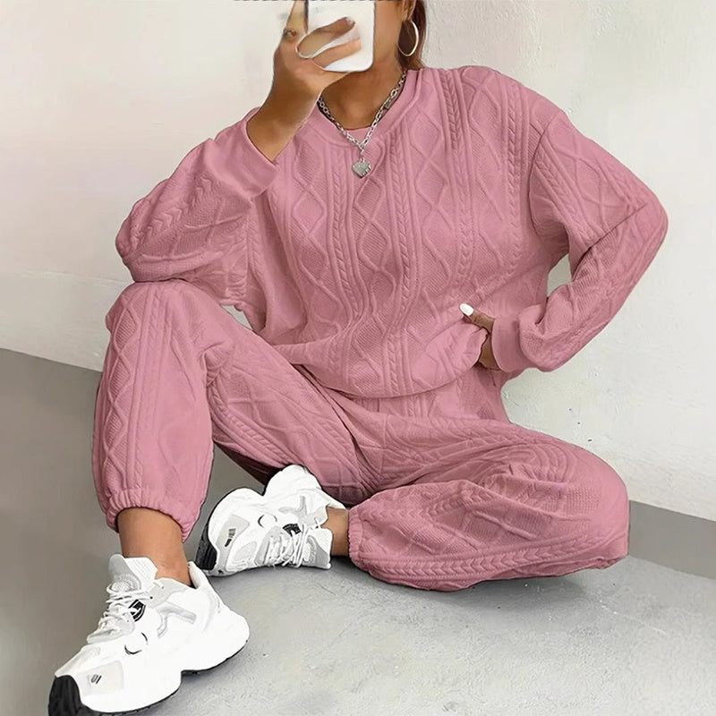 Women's Solid Color Long Sleeve Round Neck Top & Cuffed Pants Set - Ribbed Trim, Minimalist Casual Loungewear For Fall&Winter