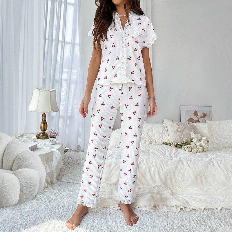 European And American Style Women's Pajamas Autumn And Winter Sexy V-neck Lace Pajamas