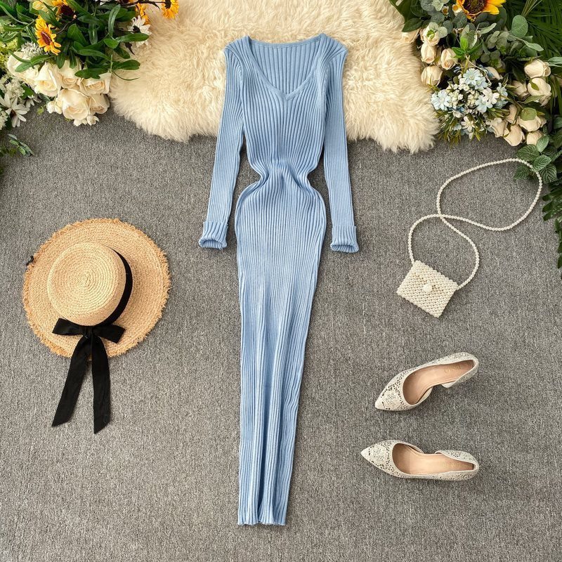 Dress Women Simple Solid Color Long Sleeve Tight