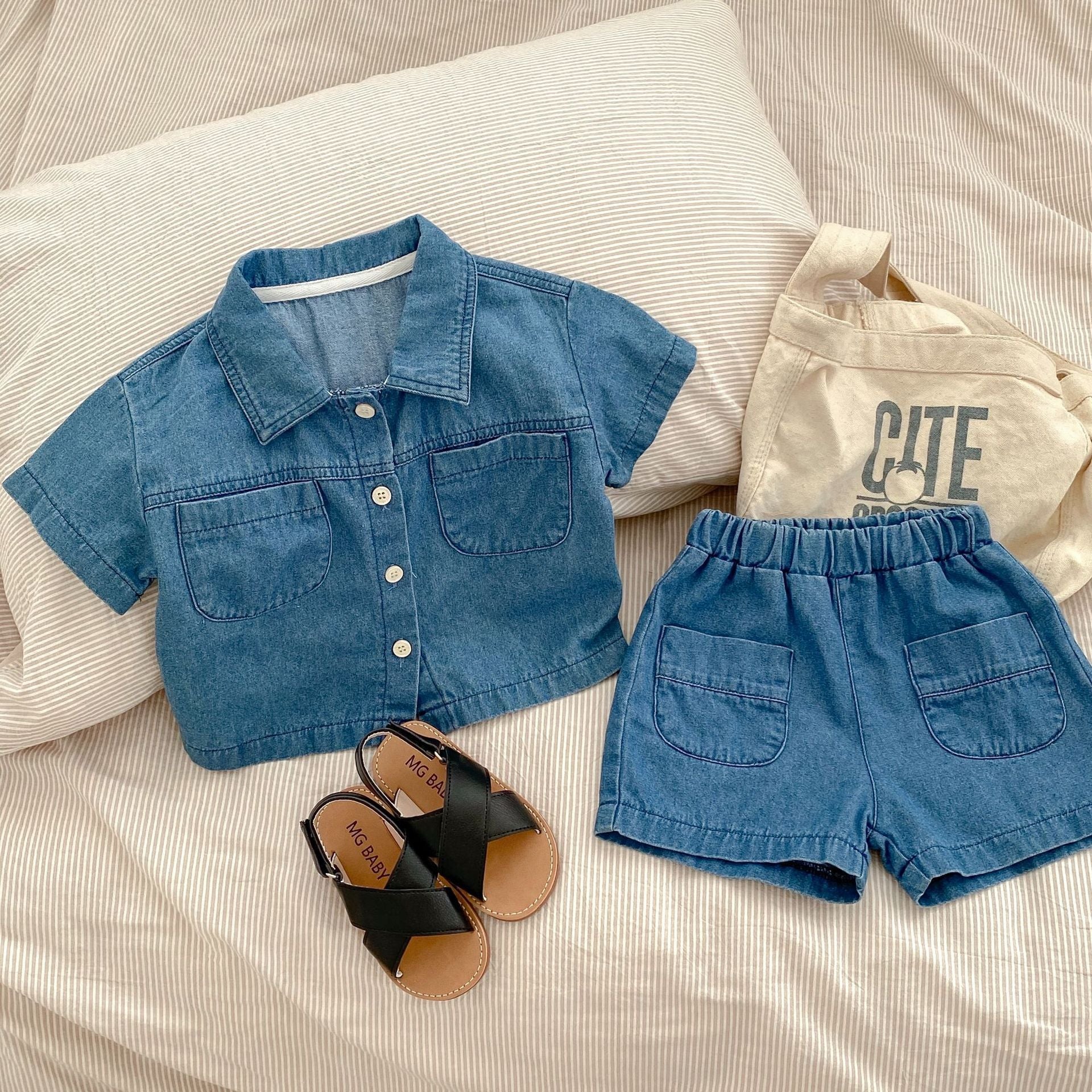 Denim Short Sleeve Pocket Top Boyshorts Baby Boy Suit