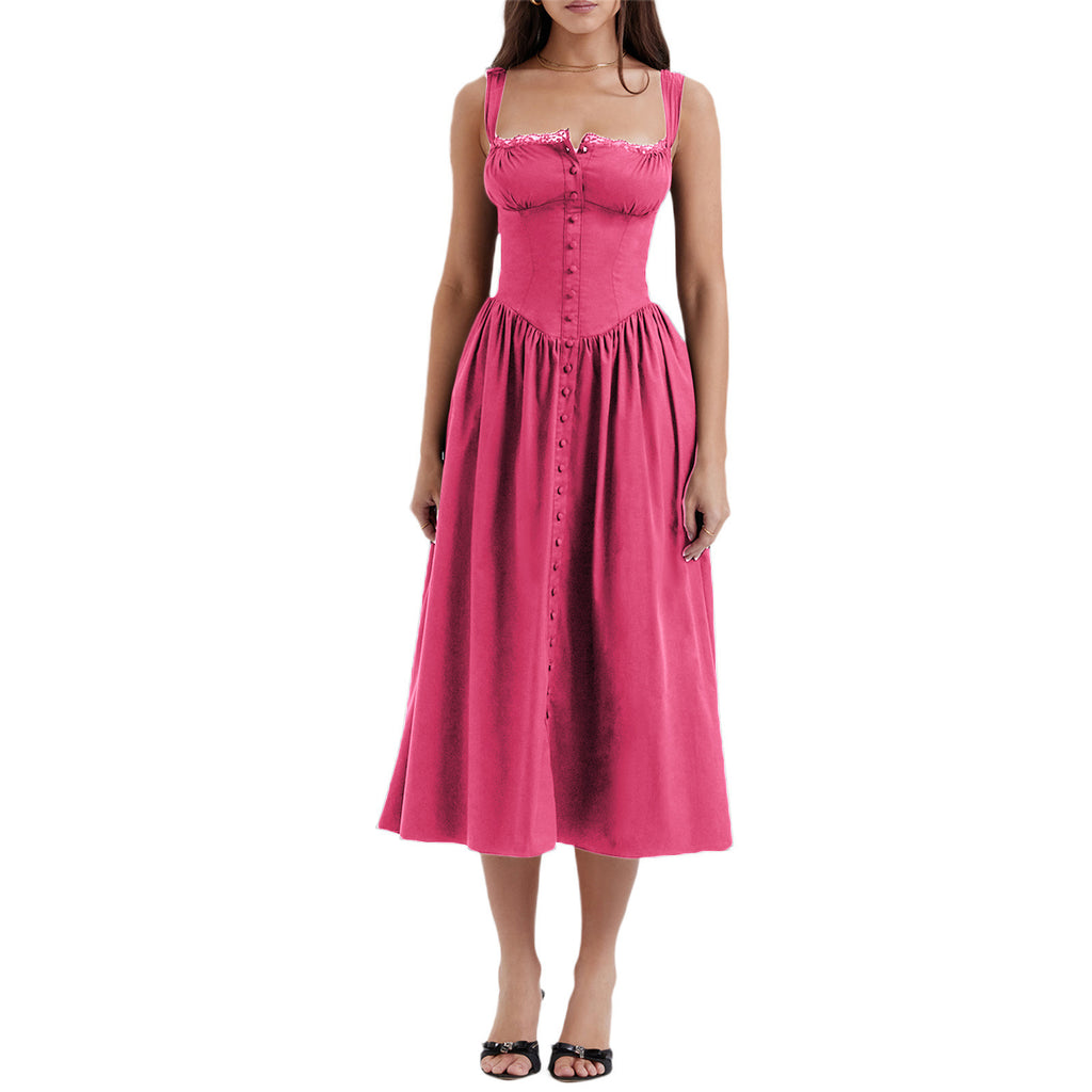 New Spring And Summer European And American Style Spaghetti Straps Chest Wrap Small Floral Solid Color Dress