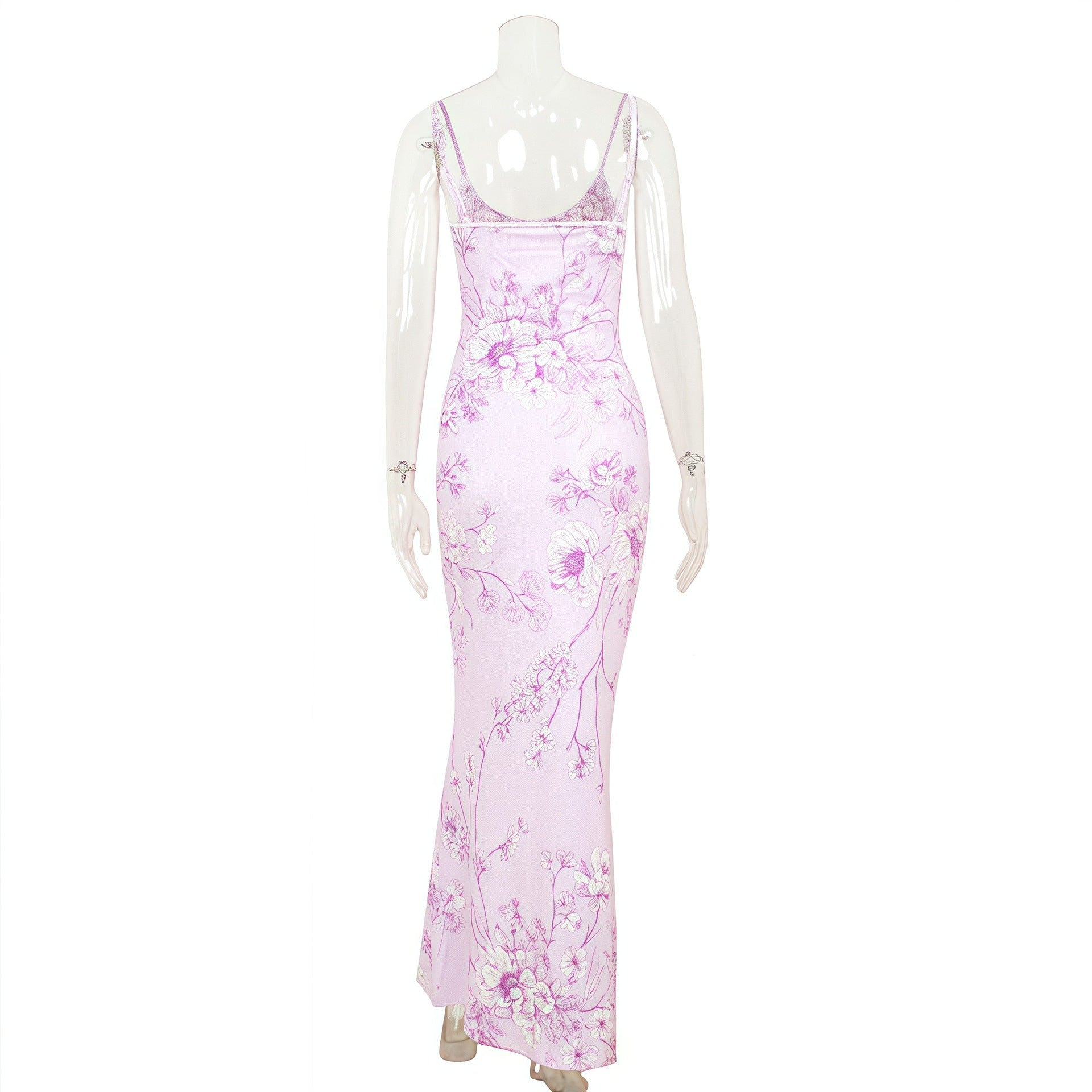 Elegant V-neck Slim-fit Printed Purple Dress Women