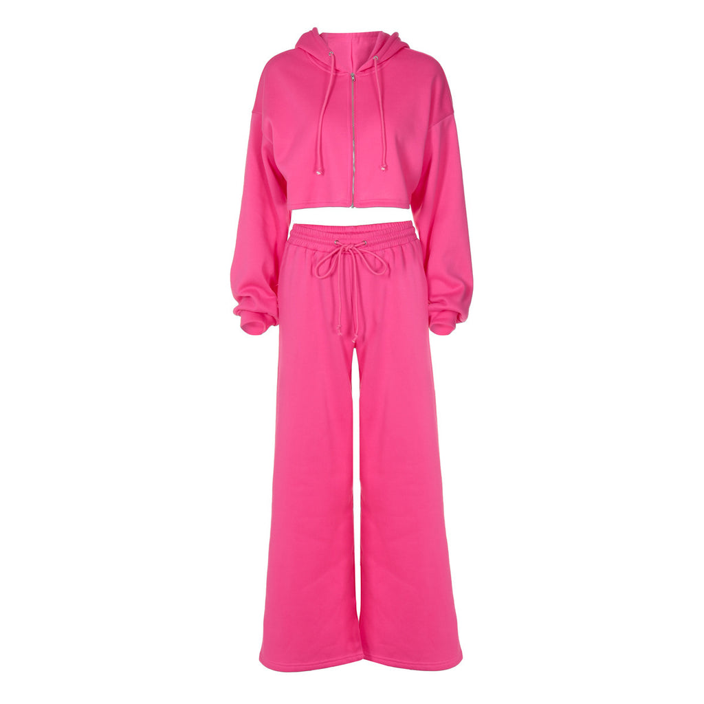 European And American Fashion Zipper Hooded Midriff-baring Top Slim Casual Trousers Suit