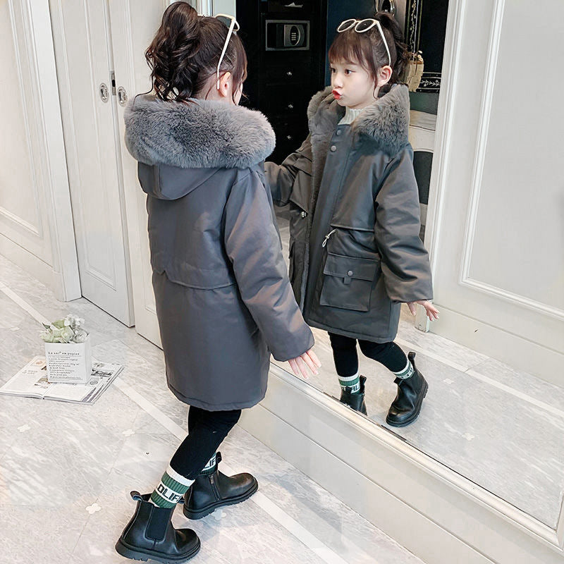 Girls' Fleece Lined Padded Warm Keeping Hooded Cotton-padded Coat