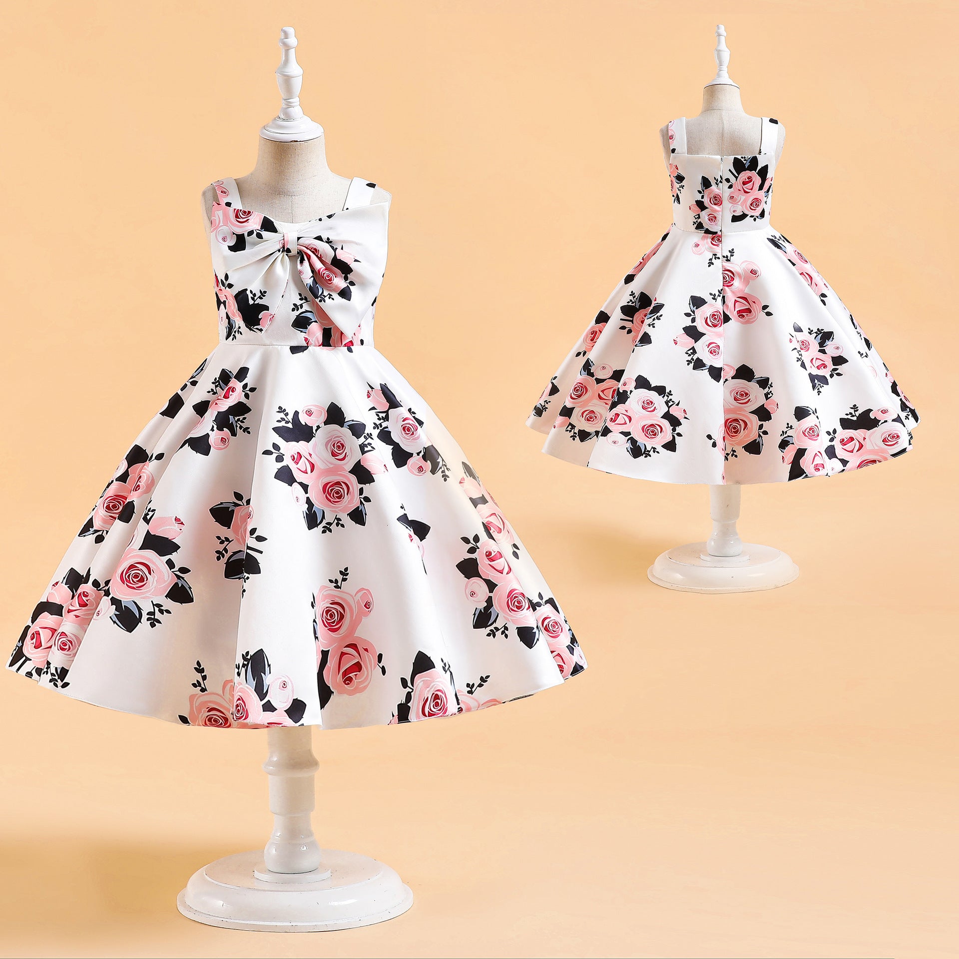 Girl's Fashion Suspenders Bow Print Princess Dress