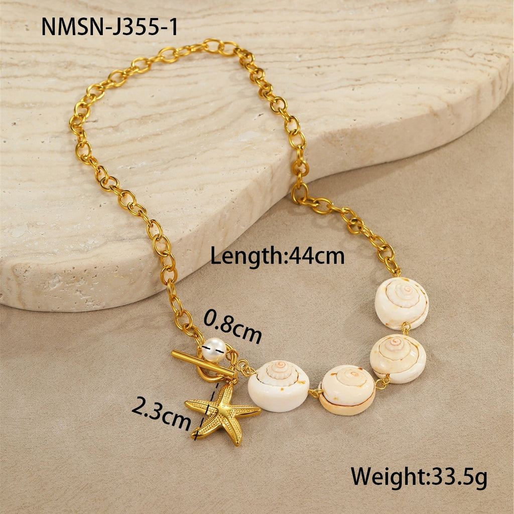 Ocean Style Natural Shell Starfish Necklace Women's Stainless Steel Gold Plated