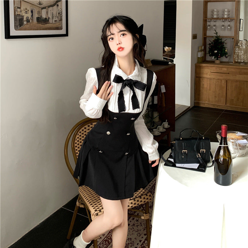 Long Sleeve Fake Two-piece Sweet Bow Black Slimming Lapel Dress