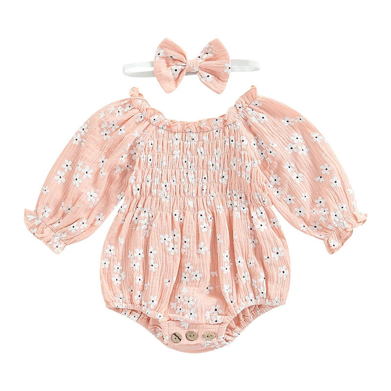 Flowers Full Printed Long-sleeve Jumpsuit Romper Bow Hair Accessories