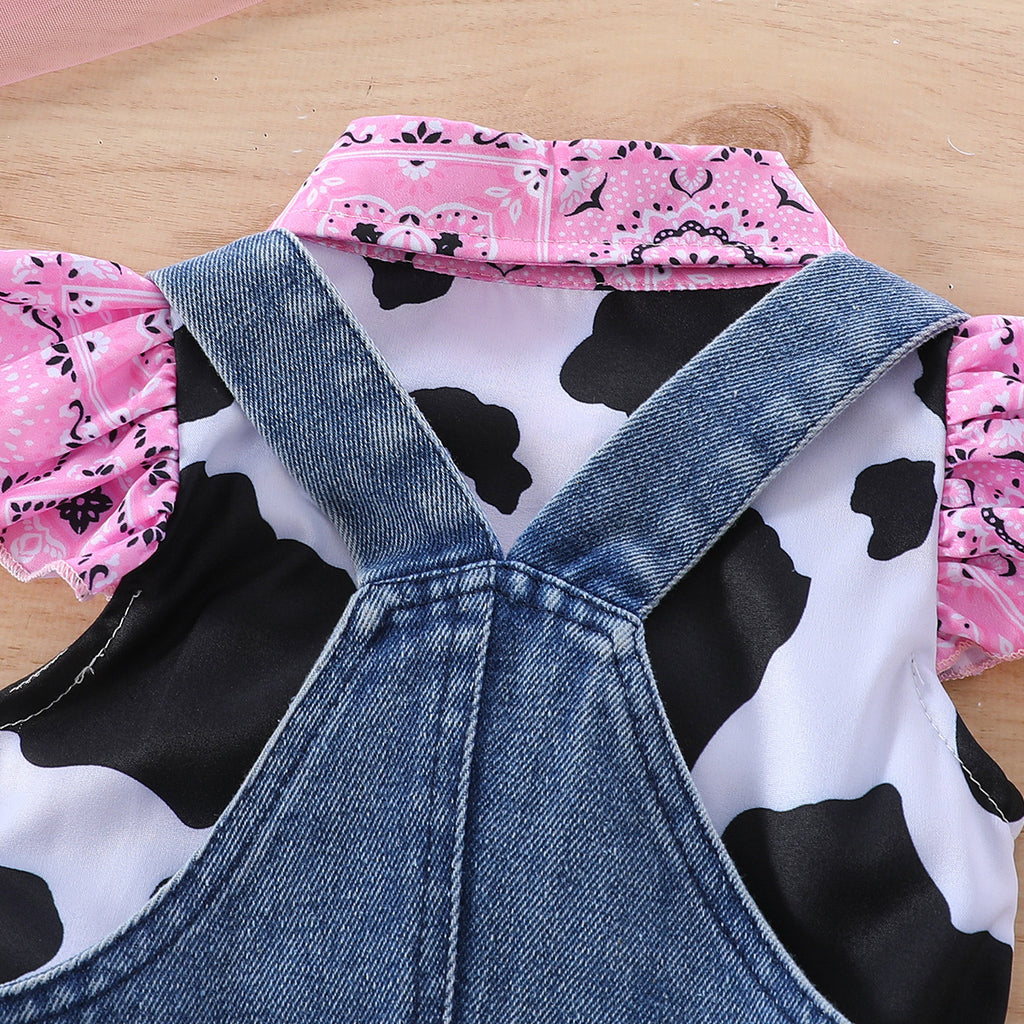 Cow Print Shirt Top Bow Denim Carrier Shorts