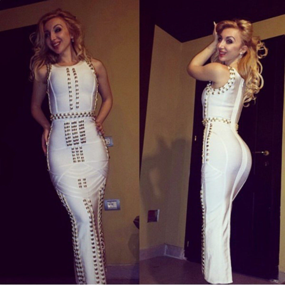 New Women's Rivet Hot Drill Midi Dress