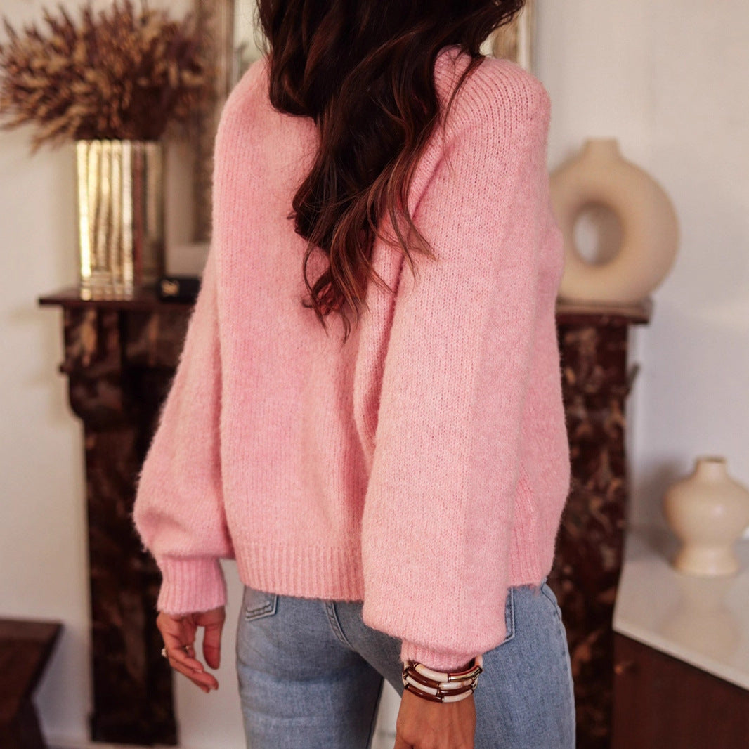 Solid Color Raglan Sleeve Round Neck Button Sweater