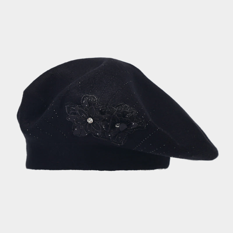 British Retro Beret Women's Fashion Flower Rhinestone Knitted Painting