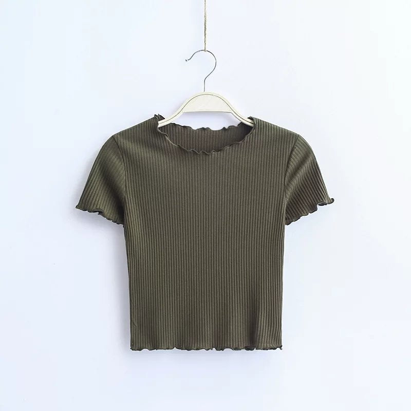 Fashion retro wooden ear slim short-sleeved T-shirt tops women's clothing