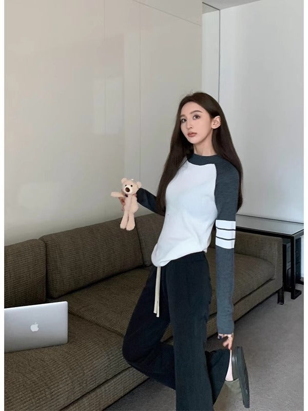 Hot Girl Striped Contrast Color Long Sleeves Knitted Top