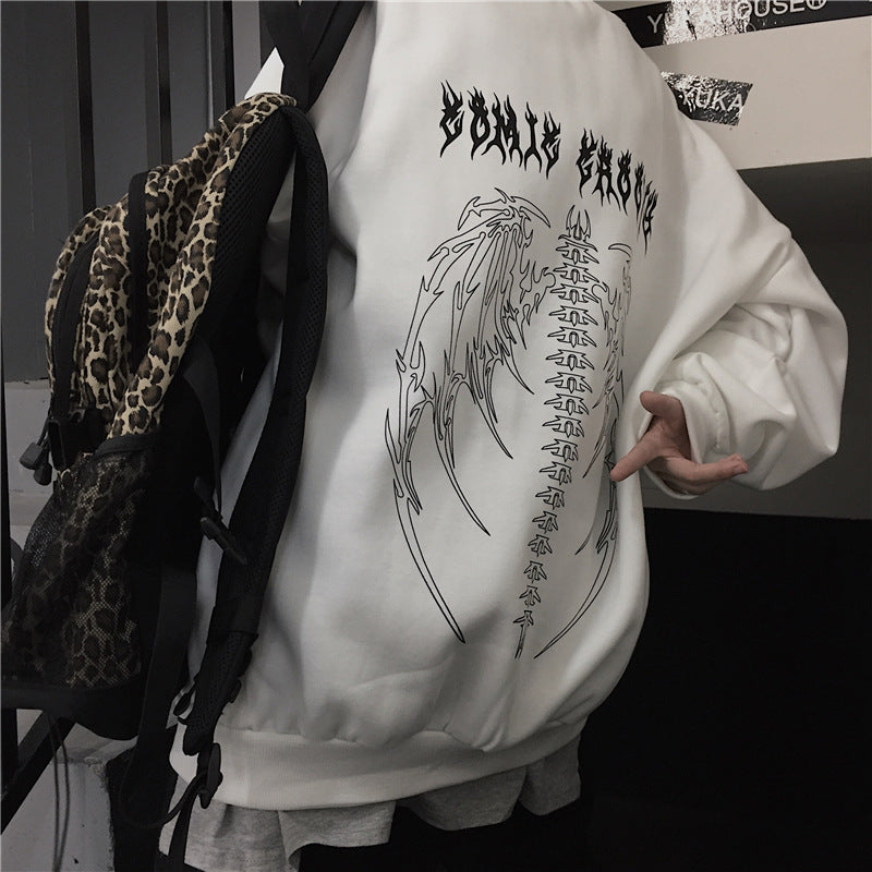 Dark Wings Alphabet Print Crew Neck Fleece Sweatshirt