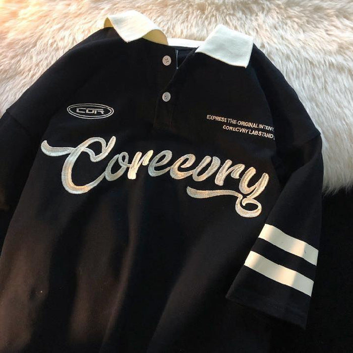 Women Ins Retro Short Sleeve Leisure Hong Kong Style Japanese Style Pu Shuai Lapel Loose Letters