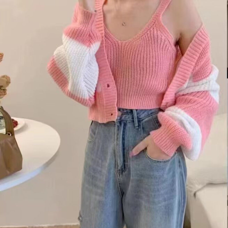 Women's Clothing Two-piece Set Sweater Striped Short Style Fashionable Knitted Suit