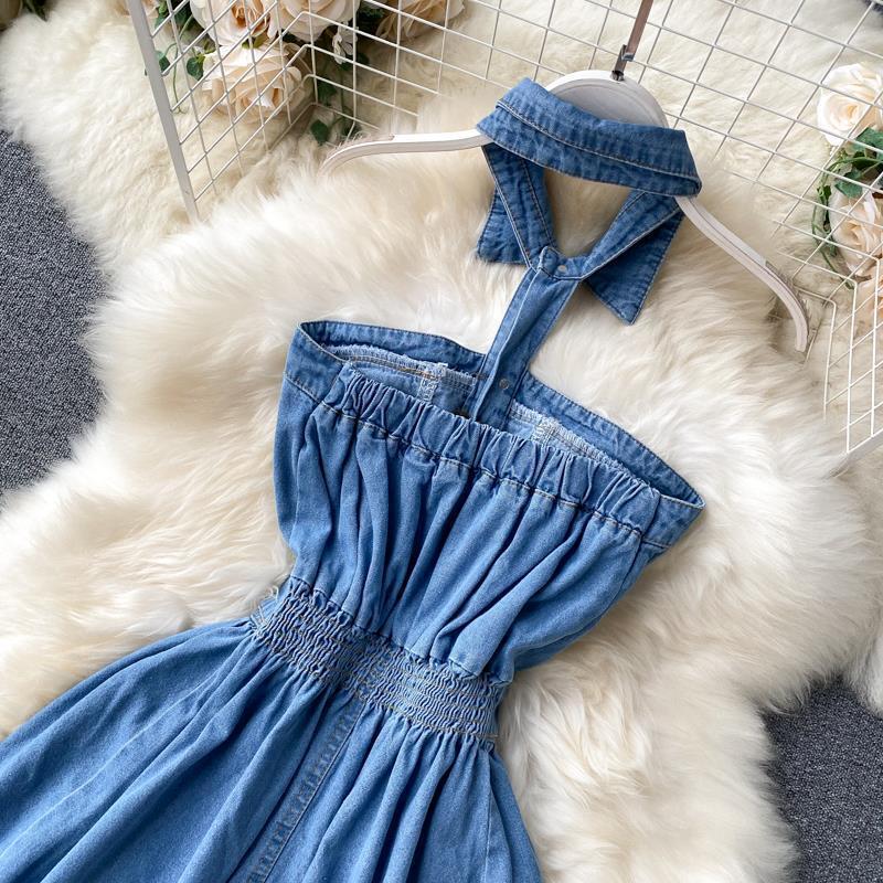Sexy halter neck washed soft denim skirt
