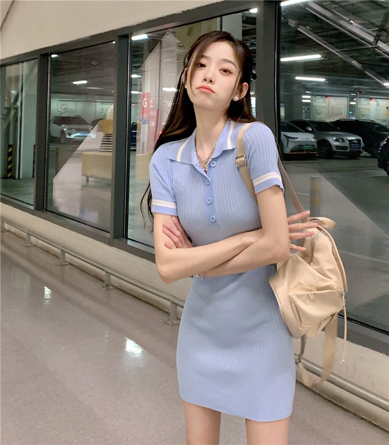 Preppy Lapel POLO Button-Up Slim Contrast Short Sleeve Dress
