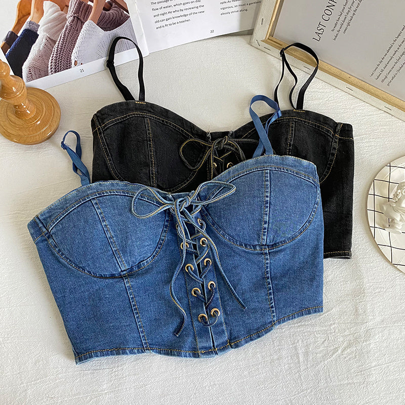 Bow Tie Drawstring Cropped Denim Camisole