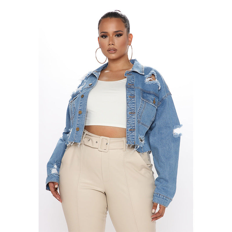 Ripped Denim Short Washed Long Sleeve Coat