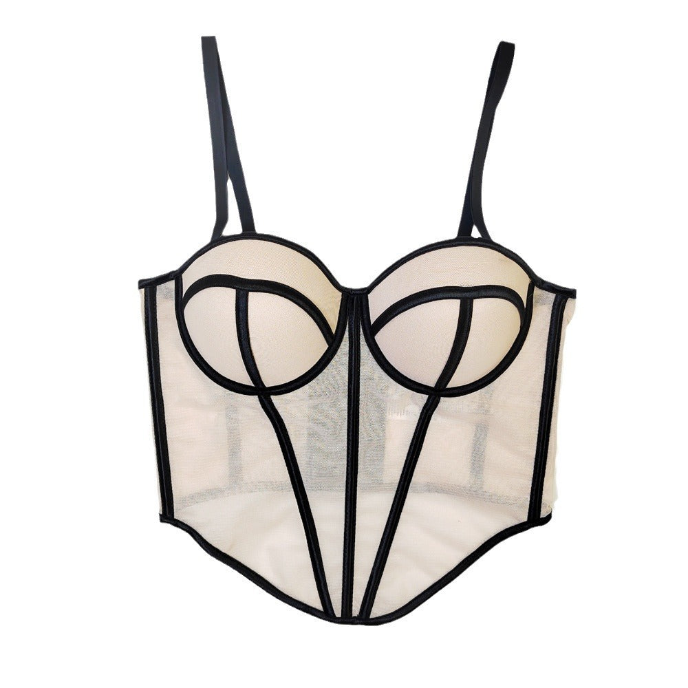 Cross Border Foreign Trade Fishbone Mesh Tube Top Backless Design Lines Contrast Color Corset Sexy Top
