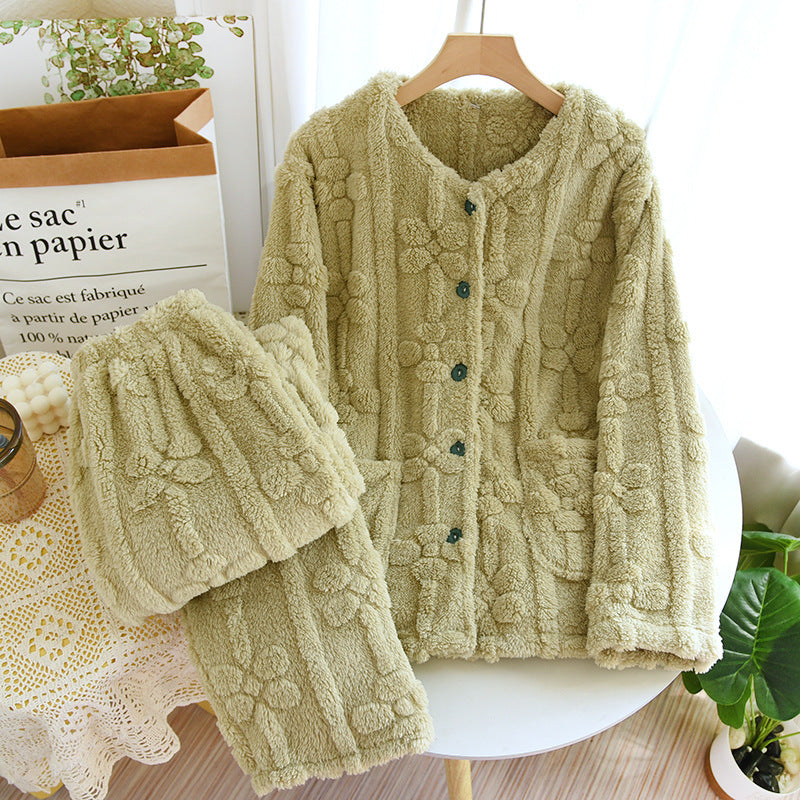 Coral Velvet Pajamas Women's Winter Long Sleeve Thick Solid Color Simple Homewear