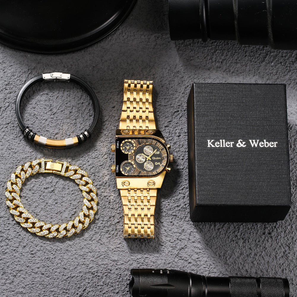 Set Multi-time Zone Large Dial Luminous Men's Watch Steel Belt Leisure