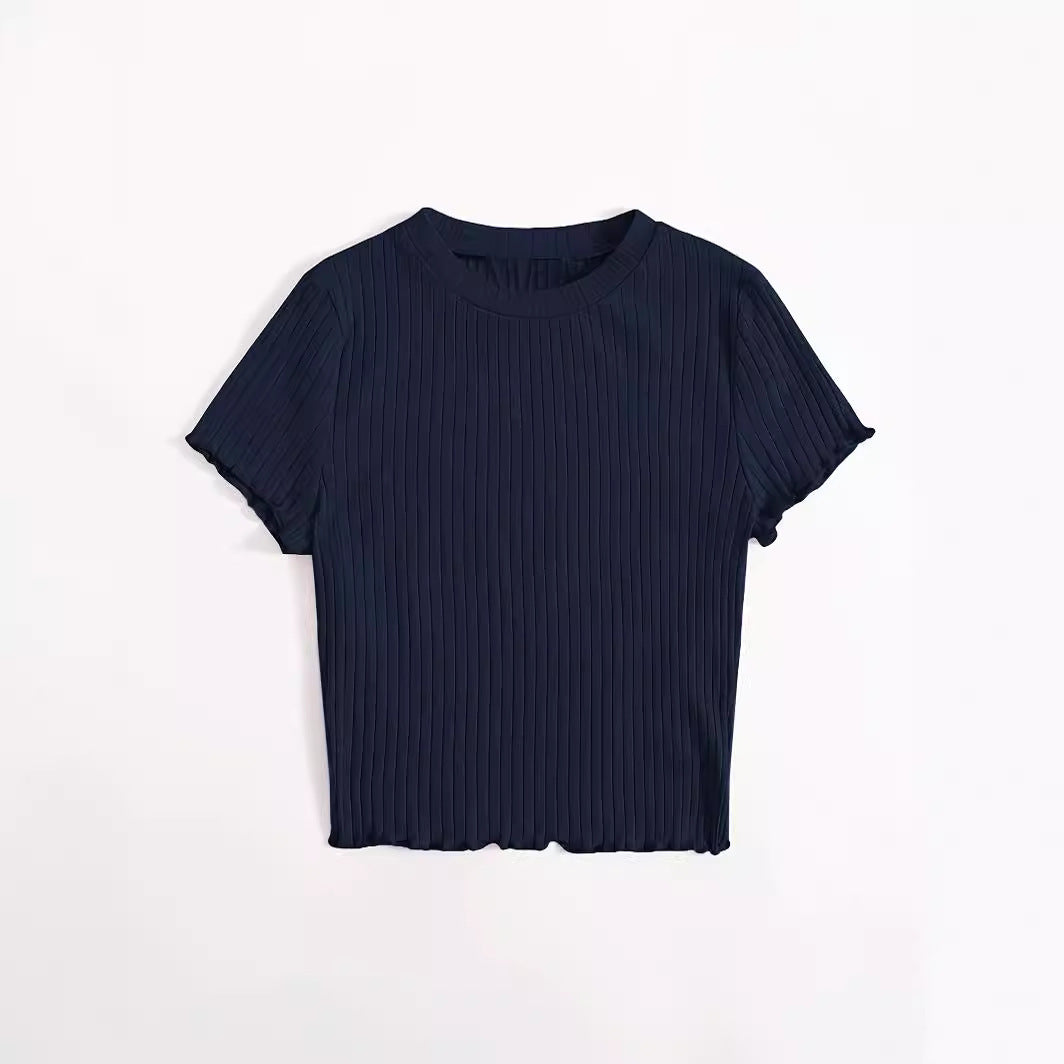Korean Style Round Neck Wooden Ear Short Top Ins Knitted Inner Match Bottoming Shirt