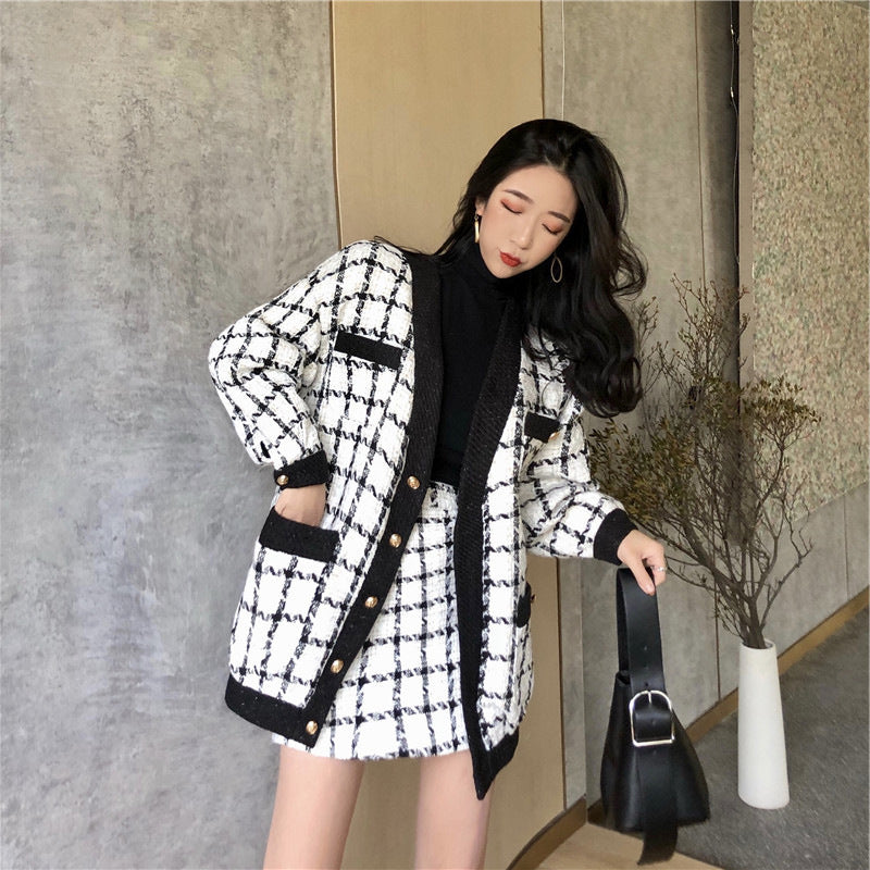 Women's Fashion Plaid Jacket Short Skirt Set