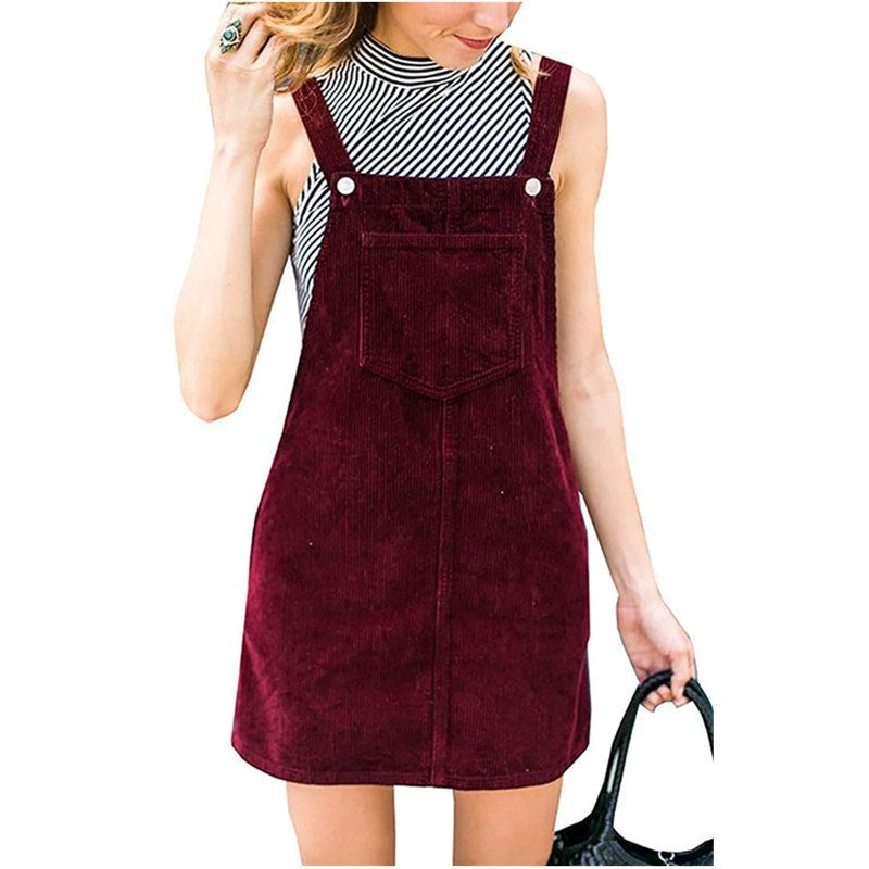 Corduroy Suspender Women Dress Solid Color Halter Skirt